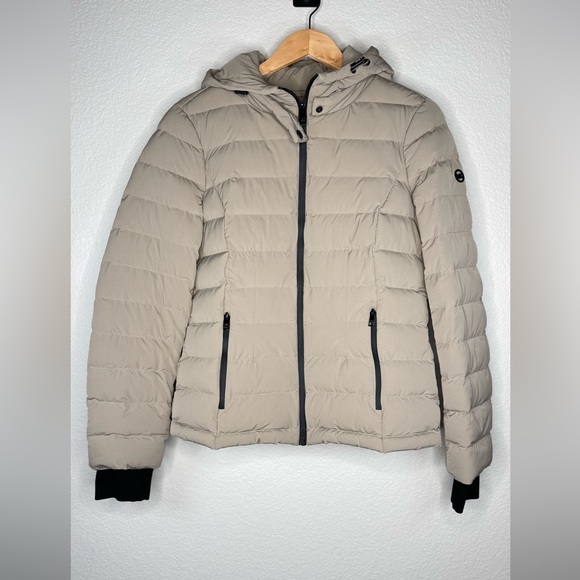 Michael Kors Packable Premium Down Blend Jacket M‎ Taupe Quilted Hooded Puffer
